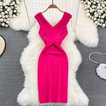 RUGOD летнее темпераментное женственное сексуальное облегающее и тонкое трикотажное платье средней длины с v-образным вырезом без рукавов