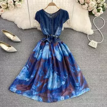 RUGOD летнее тонкое джинсовое платье с круглым вырезом и талией без рукавов, вышитое тушью, с принтом слова, большое свободное женское платье