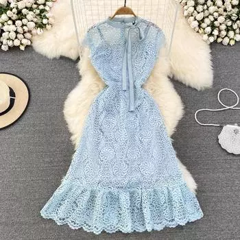 RUGOD летнее высококачественное кружевное платье трапециевидной формы с воротником-стойкой и галстуком-бабочкой на талии, элегантное длинное платье M синий
