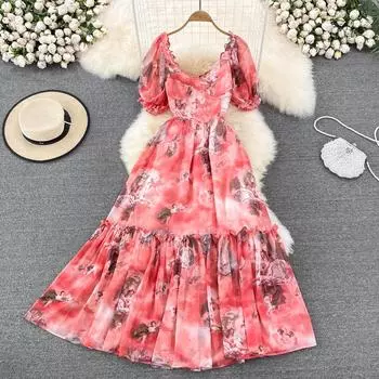 RUGOD летнее высококачественное шифоновое платье трапециевидной формы с квадратным вырезом и пузырьками и короткими рукавами и принтом на талии, элегантное длинное платье