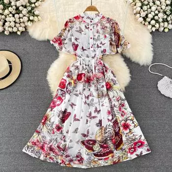 RUGOD летнее высококачественное темпераментное однобортное однобортное платье трапециевидной формы с рукавами и принтом на талии, элегантное длинное платье M