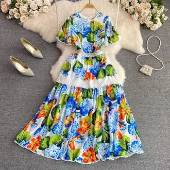 RUGOD Летнее высококачественное темпераментное платье трапециевидной формы с круглым вырезом и рюшами и высокой талией, элегантное длинное платье