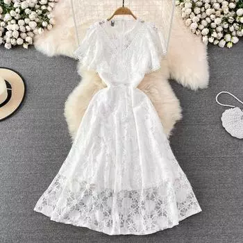 RUGOD летнее высококачественное темпераментное тонкое полое кружевное платье трапециевидной формы с круглым вырезом и талией, элегантные большие качели