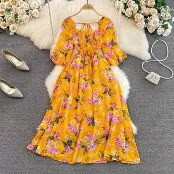 RUGOD летнее женское французское ретро темпераментное платье с квадратным вырезом и цветочным принтом, плиссированные повседневные пляжные платья с открытой спиной
