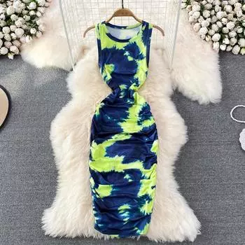 RUGOD летнее женское облегающее платье средней длины без рукавов с круглым вырезом и принтом тай-дай, облегающее платье на бедрах в европейском стиле