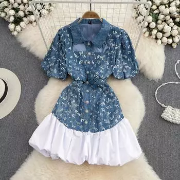 RUGOD летнее женское платье трапециевидной формы из пышного денима с тонкими блестками и пышными рукавами с высокой талией и тонкими пышными рукавами M синий