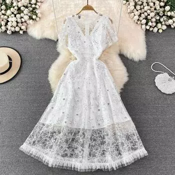 RUGOD летнее женское платье трапециевидной формы в европейском стиле с круглым вырезом и листом лотоса на талии, тонкое сетчатое платье трапециевидной формы с вышивкой