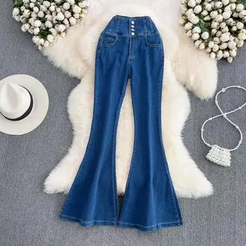 RUGOD летние корейские модные джинсы с микро-клеш, женские тонкие широкие брюки с высокой талией, длинные брюки с микро-клеш