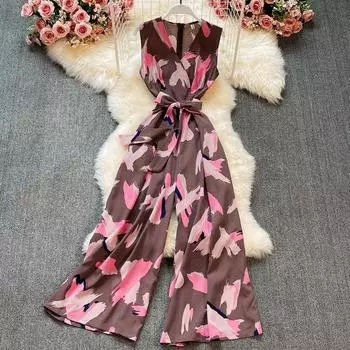 RUGOD Летний отдых на море Утягивающий комбинезон с v-образным вырезом и принтом Высокая талия Кружевные широкие брюки Комбинезон One Size чёрный