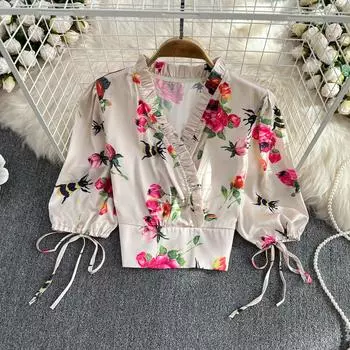 RUGOD Летний ретро-гонконгский стиль с v-образным вырезом и короткими рукавами с принтом, тонкий пуловер, рубашка, женский короткий топ с высокой талией