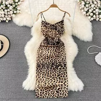 RUGOD летний винтажный темпераментный сарафан с эопардовым принтом, длинное платье с высокой талией, сексуальное вечернее платье на подтяжках для женщин, Vestido