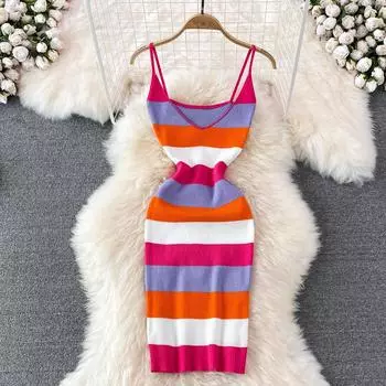 RUGOD Летняя корейская версия новой женственной сексуальной радуги V-образный вырез Подтяжка Платье Мода Тонкий полосатый трикотажное платье бедра