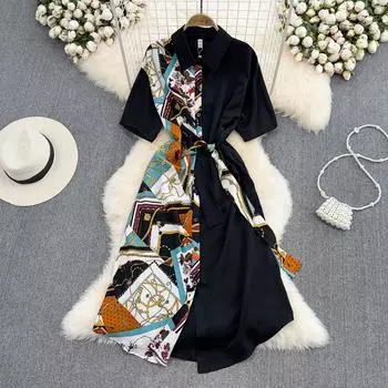 RUGOD Летняя одежда, новое свободное платье контрастного цвета с бретельками, однобортное платье трапециевидной формы, модное платье-рубашка средней длины