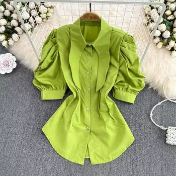 RUGOD летняя рубашка с короткими рукавами и кукольным воротником, женская однобортная рубашка с большим острым воротником и короткими рукавами-фонариками, универсальный топ