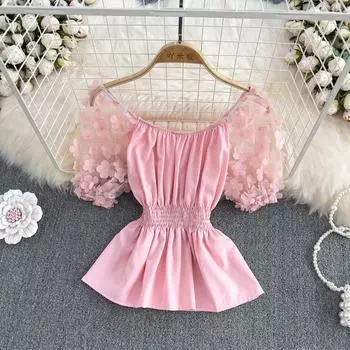 RUGOD летняя шифоновая рубашка с квадратным вырезом и пышными рукавами, женская сетчатая рубашка с пышными рукавами и строчкой на талии, короткий топ