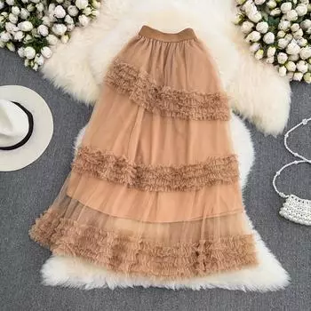 RUGOD летняя тонкая многослойная юбка-пачка с высокой талией и рюшами, женская сетчатая юбка средней длины выше колена с эластичной резинкой на талии