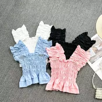 RUGOD, летняя универсальная плиссированная тонкая майка с милым бантом, темперамент, женский короткий топ без рукавов в зарубежном стиле с открытой спиной и рукавами