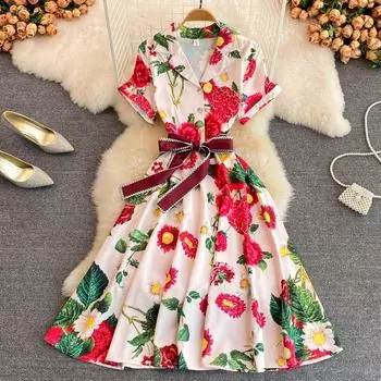 RUGOD, лето 2022, богиня Fan Mingyuan, темперамент, закрытая талия, шнуровка с бантом и принтом в виде слова, большое свободное платье с коротким рукавом