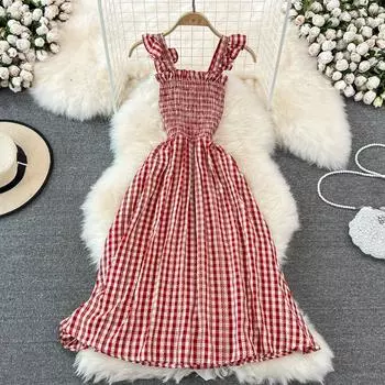 RUGOD, лето 2022, новое платье трапециевидной формы на подтяжках, элегантное дымчатое платье без рукавов, модное тонкое клетчатое платье с открытой спиной и высокой талией