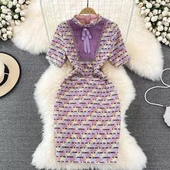 RUGOD, лето 2022, облегающее клетчатое платье с ягодицами и короткими рукавами, с бантом и воротником-стойкой, веер богини Mingyuan, 2022 г.