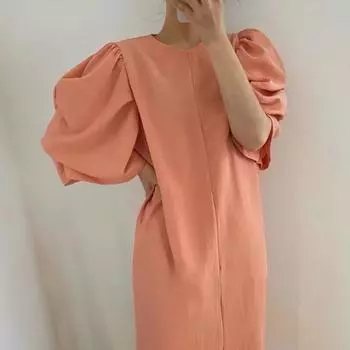 RUGOD, лето 2022, свободное однотонное платье с круглым вырезом и H-образной шнуровкой, французское элегантное темпераментное платье с объемными рукавами One Size оранжевый