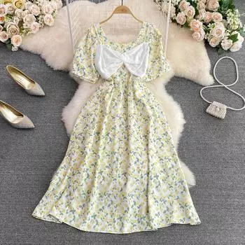 RUGOD Лето Французская Сладкая Фея Платье Квадратный вырез Бант Узел Пуф рукава Тонкая талия Цветочное платье Качели Женское