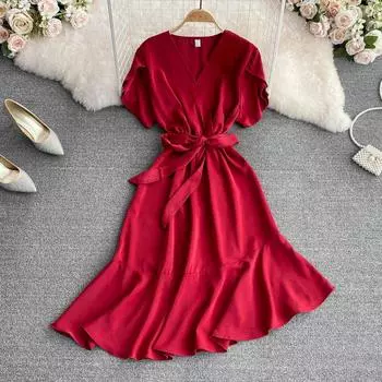 RUGOD Лето Новая Мода Темперамент Легкий и Знакомый Стиль Талия и Тонкие Короткие Рукава A-line Lotus Leaf Рыбий хвост Платье One Size