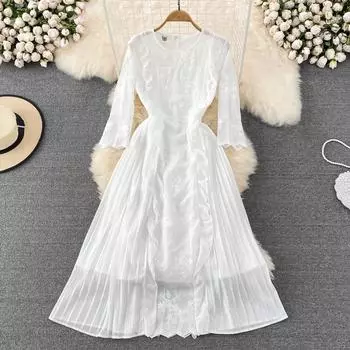 RUGOD Лето Новый стиль с круглым вырезом и вышитыми оборками на талии, тонкое плиссированное платье трапециевидной формы, элегантное длинное платье