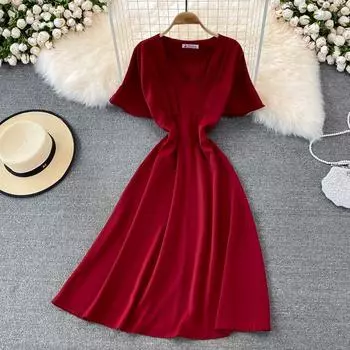 RUGOD Лето Новый Стиль Талия Похудение Свет Знакомый Стиль Средняя длина Высокая талия Похудение V-образный вырез Платье с короткими рукавами One Size