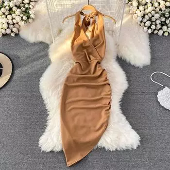 RUGOD Лето Сексуальный V-образный вырез Halterneck Без рукавов Без рукавов Slim Fit и Irregular Hip Dress