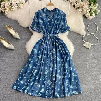 RUGOD Лето Высокий темперамент V-образный вырез С короткими рукавами Талия Галстук Тонкий печатный A-line Платье Элегантный Большой Качели Длинное Платье M синий