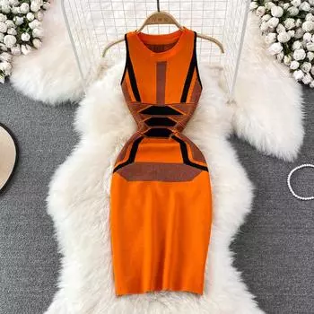 RUGOD Лето в европейском и американском стиле контрастного цвета, без рукавов, с круглым вырезом, с лямкой на шее, без бретелек, эластичное плотно трикотажное платье на бедрах