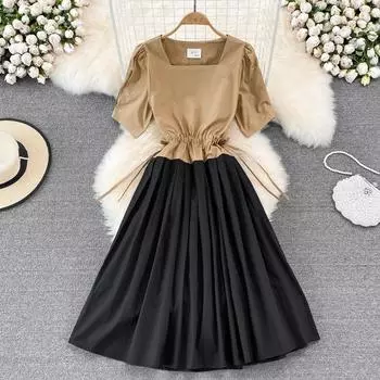 RUGOD Лето во французском стиле ретро с имитацией Хепберн, состоящее из двух частей, с короткими рукавами и тонким пышным платьем средней длины с квадратным воротником