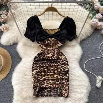 RUGOD Light Familiar облегающее платье на бедрах, новое женское летнее тонкое платье с объемными рукавами и леопардовым принтом