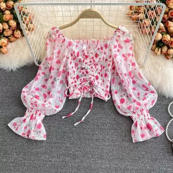 RUGOD Маленький свежий и сладкий возрастной топ, летняя новая стильная тонкая короткая шифоновая рубашка с квадратным воротником и ключицей