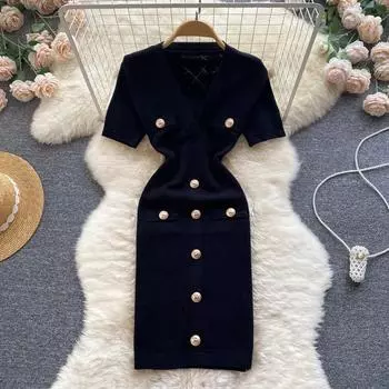 RUGOD Маленькое черное платье Новое темпераментное тонкое платье средней длины с v-образным вырезом модное женское летнее платье One Size чёрный