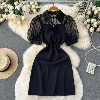 RUGOD маленькое черное платье в стиле Хепберн в стиле ретро, женское летнее новое тонкое короткое платье трапециевидной формы с пышными рукавами S чёрный