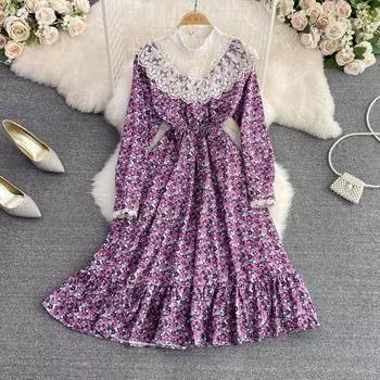 RUGOD маленькое свежее кружевное платье с цветочным принтом и воротником-стойкой, модное тонкое длинное платье трапециевидной формы с высокой талией и оборками