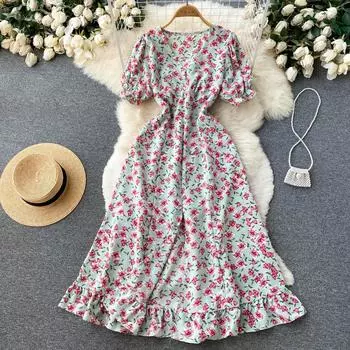 RUGOD маленькое свежее платье с квадратным вырезом и цветочным принтом, новое нежное стильное длинное платье First Love с талией и тонким темпераментным разрезом