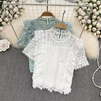 RUGOD Милая и универсальная короткая вязанная крючком полые кружевные рубашки с воротником-стойкой и воротником-стойкой RUGOD, шикарный топ в стиле вестерн
