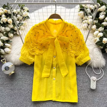 RUGOD милая рубашка с бантиком во французском стиле, женская рубашка в стиле ретро, новинка лета 2022 года, новинка лета 2022, с вышивкой для ногтей, ниша, шикарный дизайн, топ-тренд One Size зелёный