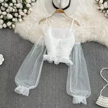 RUGOD Милая сетчатая шифоновая рубашка без бретелек с открытыми плечами, лето 2022, летние шорты в западном стиле Super Fairy Short Top One Size белый