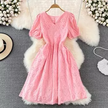 RUGOD Милое французское платье First Love с пышными рукавами и v-образным вырезом, связанное крючком с полой талией, праздничное платье трапециевидной формы, лето 2022 One Size синий