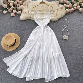 RUGOD Милое и простое однотонное платье на подтяжках с v-образным вырезом, открывающее грудь и талию, тонкое французское нишевое темпераментное платье длиной до колена