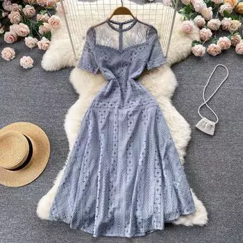 RUGOD Милое и тонкое прозрачное кружевное платье, женское летнее высококачественное темпераментное платье трапециевидной формы с короткими рукавами