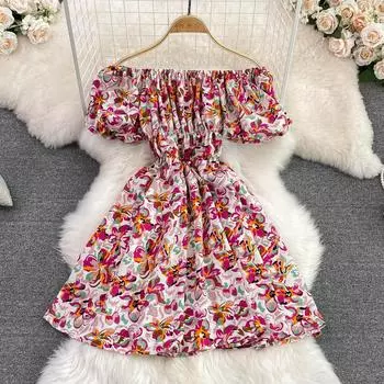 RUGOD Милое платье для французской девушки Маленькая свежая талия и тонкое пышное платье трапециевидной формы с открытыми плечами и цветочным принтом на одно плечо