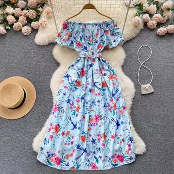 RUGOD, милое универсальное платье с открытыми плечами с цветочным принтом, женское лето 2022, новое элегантное платье трапециевидной формы с темпераментной талией One Size
