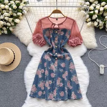 RUGOD милое женское джинсовое платье с цветочным принтом, уменьшающее возраст, женское летнее новое тонкое платье трапециевидной формы с пышными рукавами M розовый