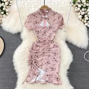 RUGOD Модифицированный Cheongsam в стиле ретро для девочек, модное платье с воротником-стойкой на груди, облегающая сумка с принтом, летнее платье «рыбий хвост» на бедрах