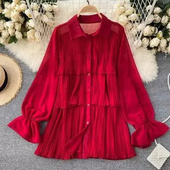 RUGOD модная осенняя рубашка женская дизайнерская Sense Ниша плиссированная с рюшами средней длины с объемными рукавами-трубами шифоновый женский топ